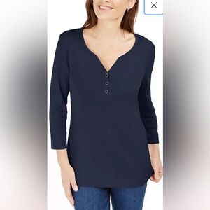NWT Karen Scott Petite 3/4-Sleeve Intrepid NAVY BLUE Henley Shirt Petite Small
